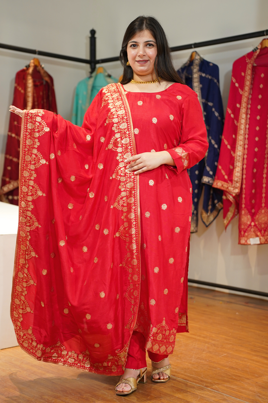 Katyayani Red Jacquard Silk Suit