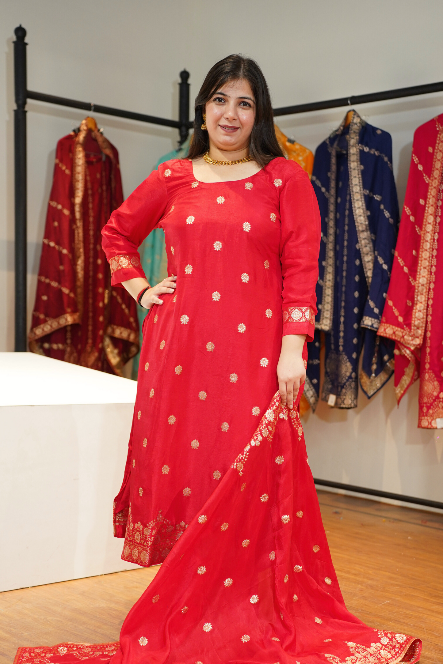 Katyayani Red Jacquard Silk Suit