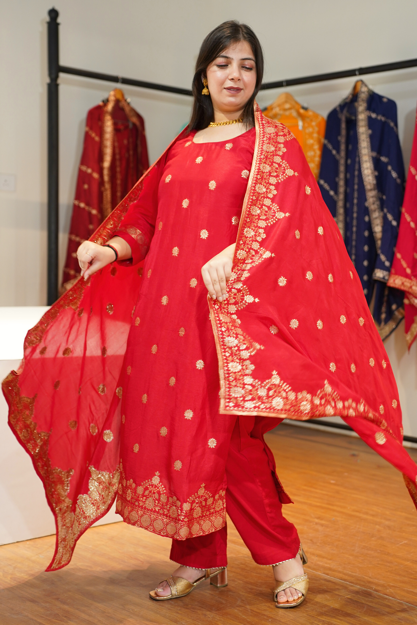 Katyayani Red Jacquard Silk Suit