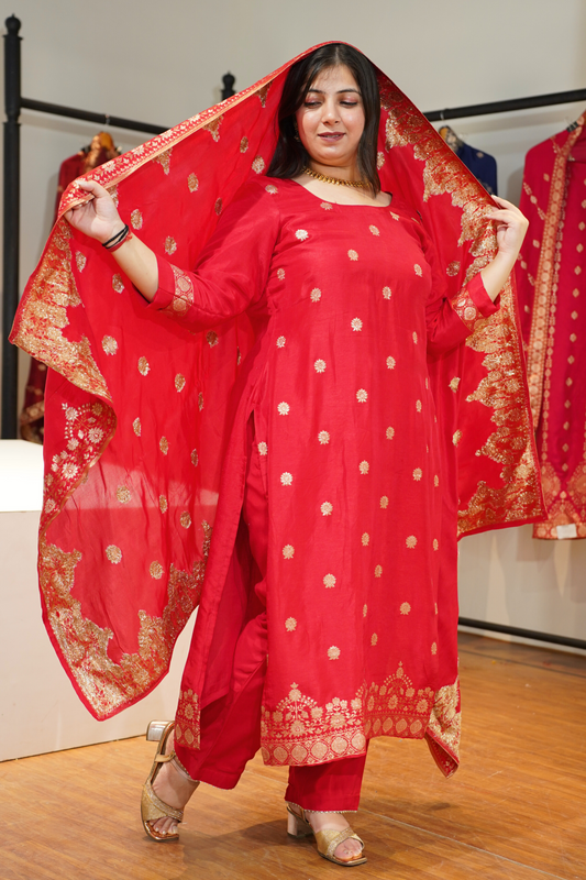 Katyayani Red Jacquard Silk Suit