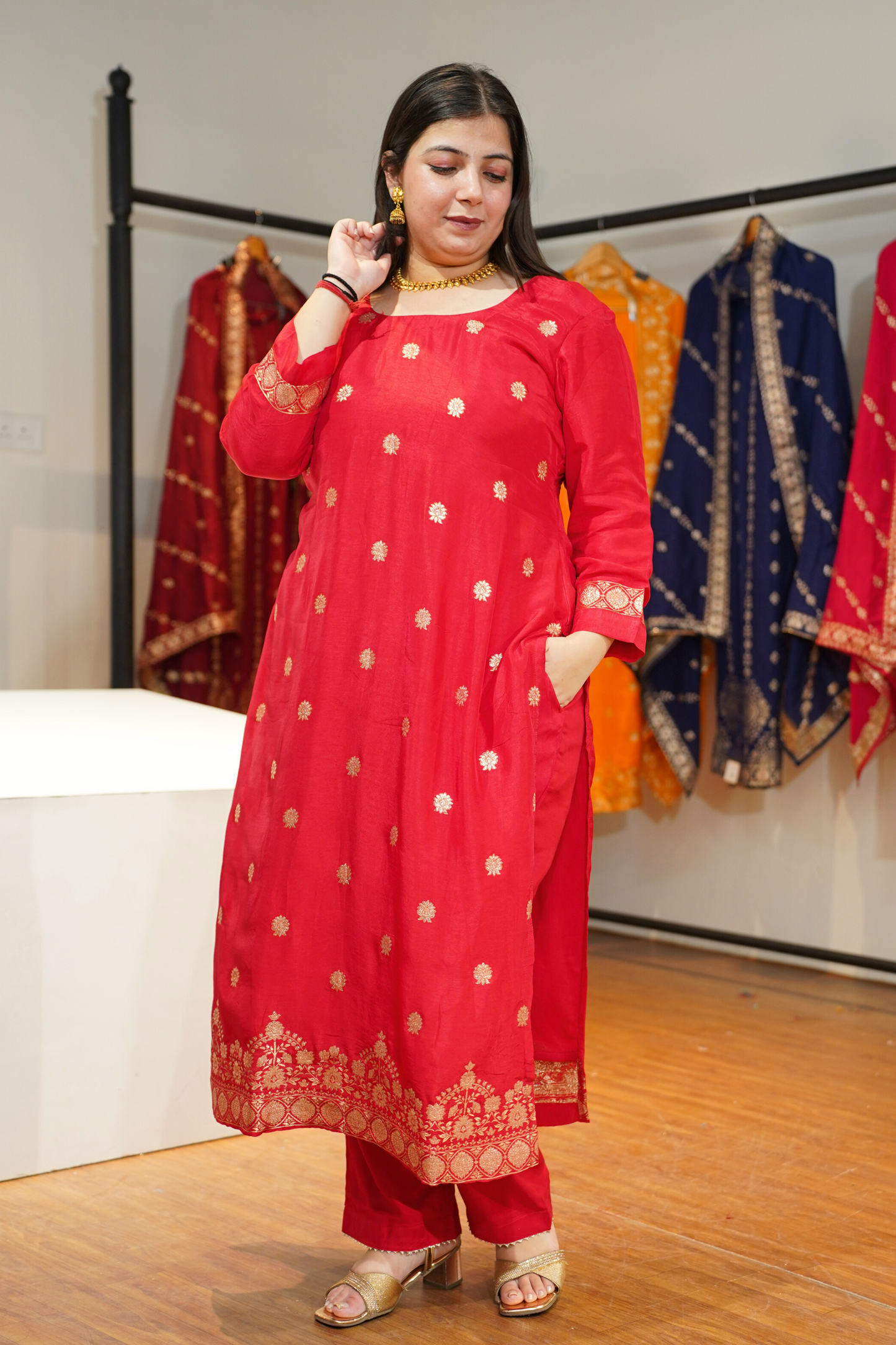 Katyayani Red Jacquard Silk Suit