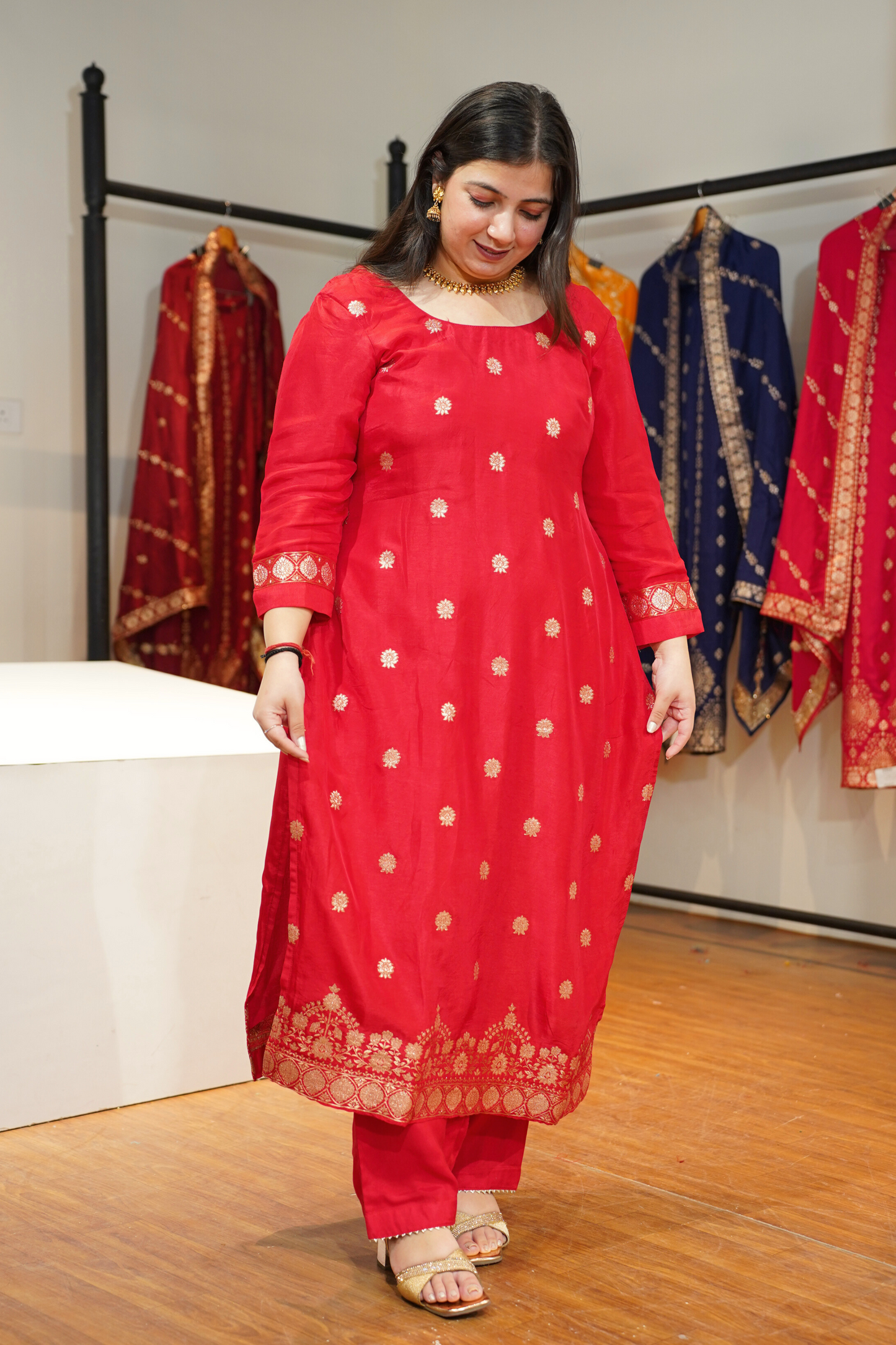 Katyayani Red Jacquard Silk Suit