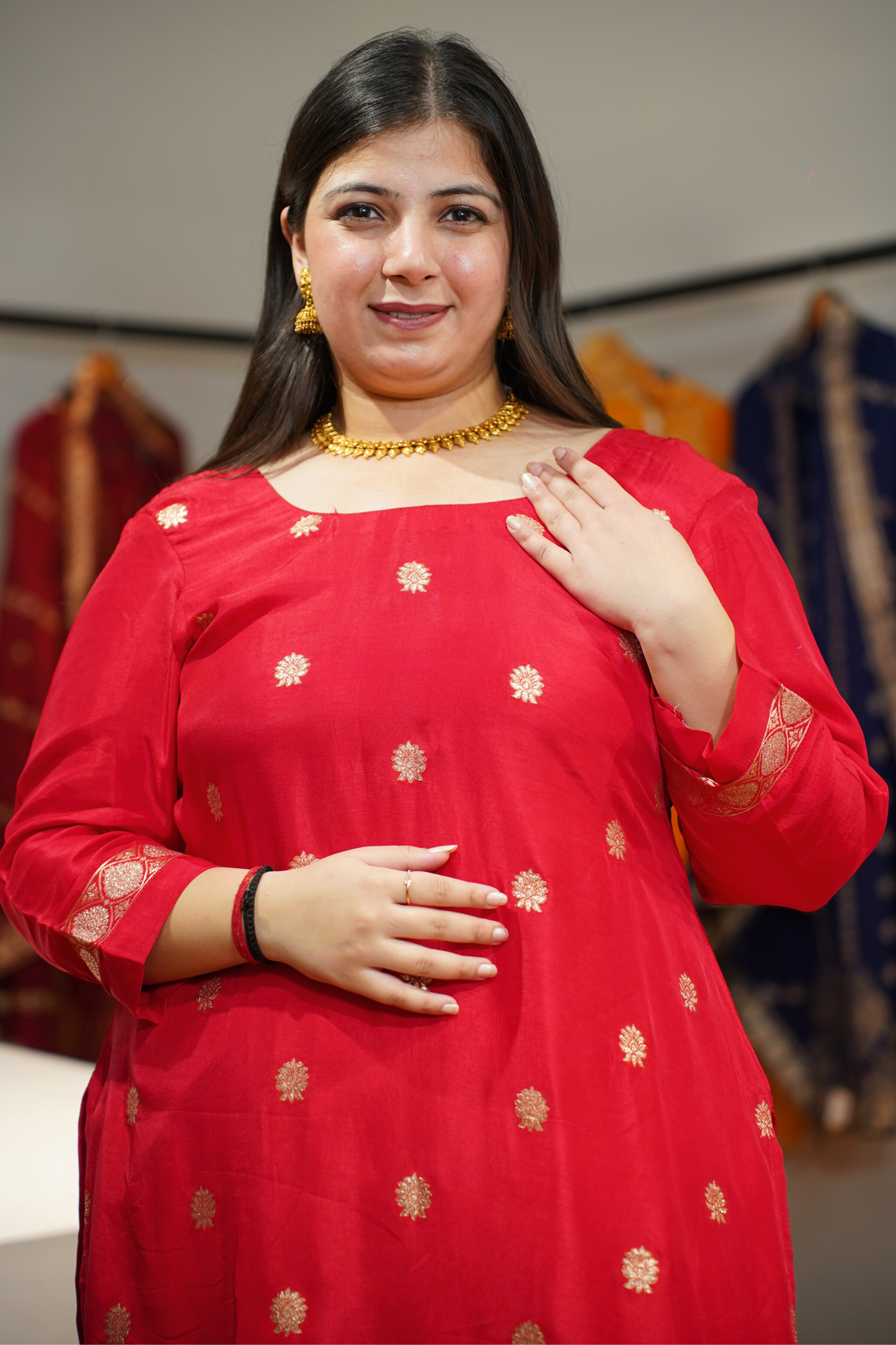 Katyayani Red Jacquard Silk Suit