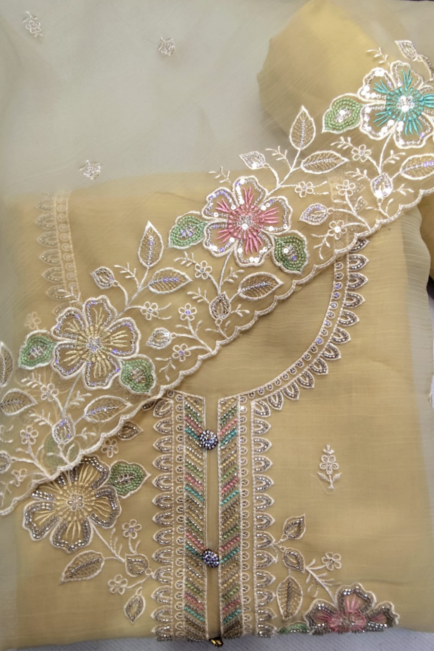 Lemon Crushed Organza Suit with Handwork