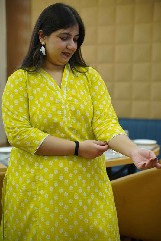 Lime Glow Block Cotton Kali Kurta