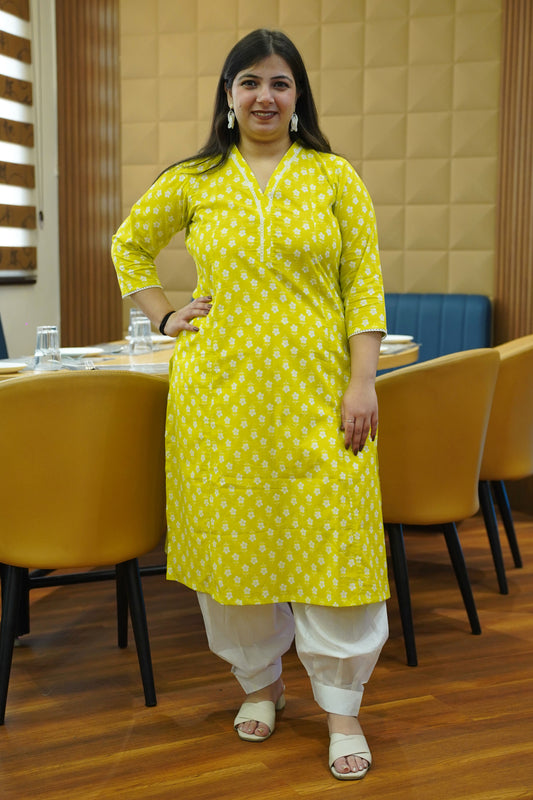 Lime Glow Block Cotton Kali Kurta