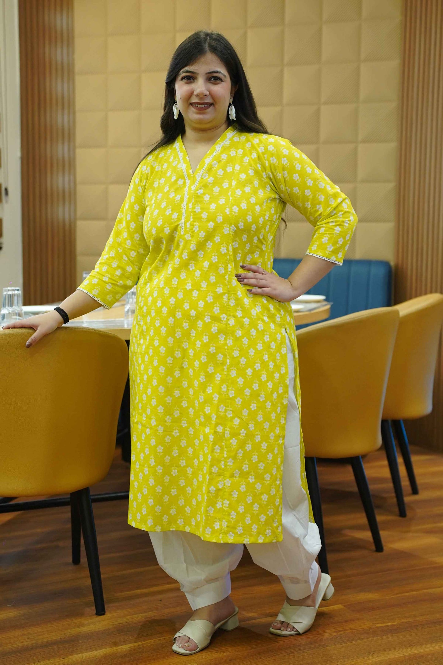 Lime Glow Block Cotton Kali Kurta