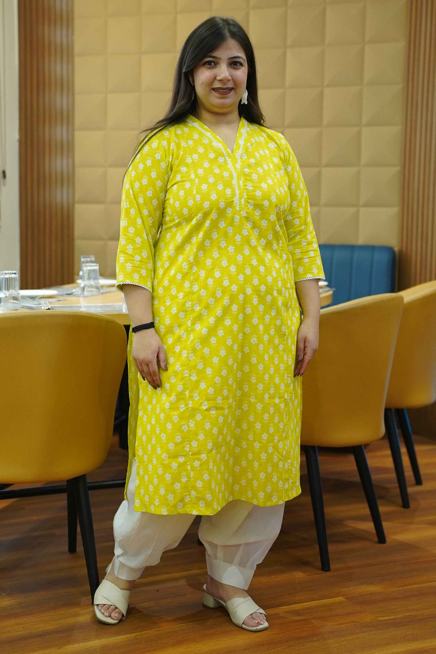 Lime Glow Block Cotton Kali Kurta