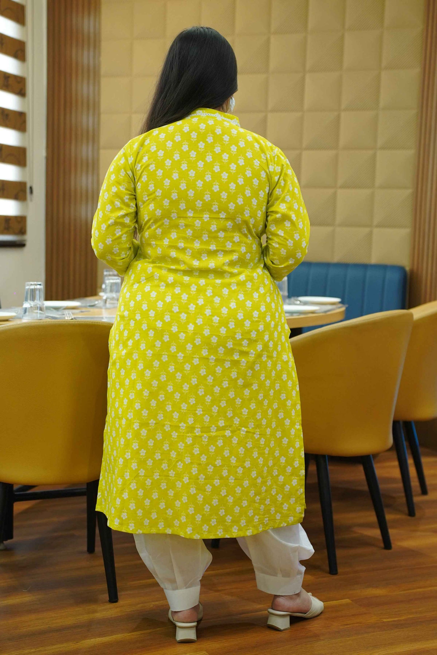 Lime Glow Block Cotton Kali Kurta