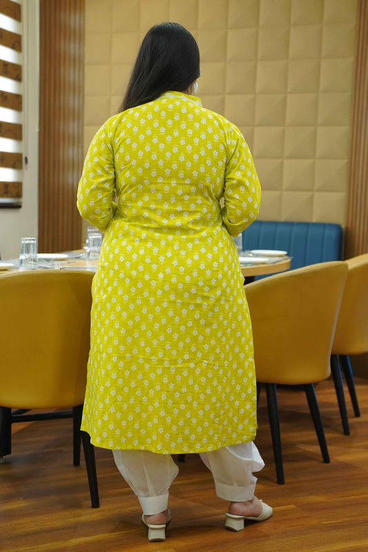 Lime Glow Block Cotton Kali Kurta