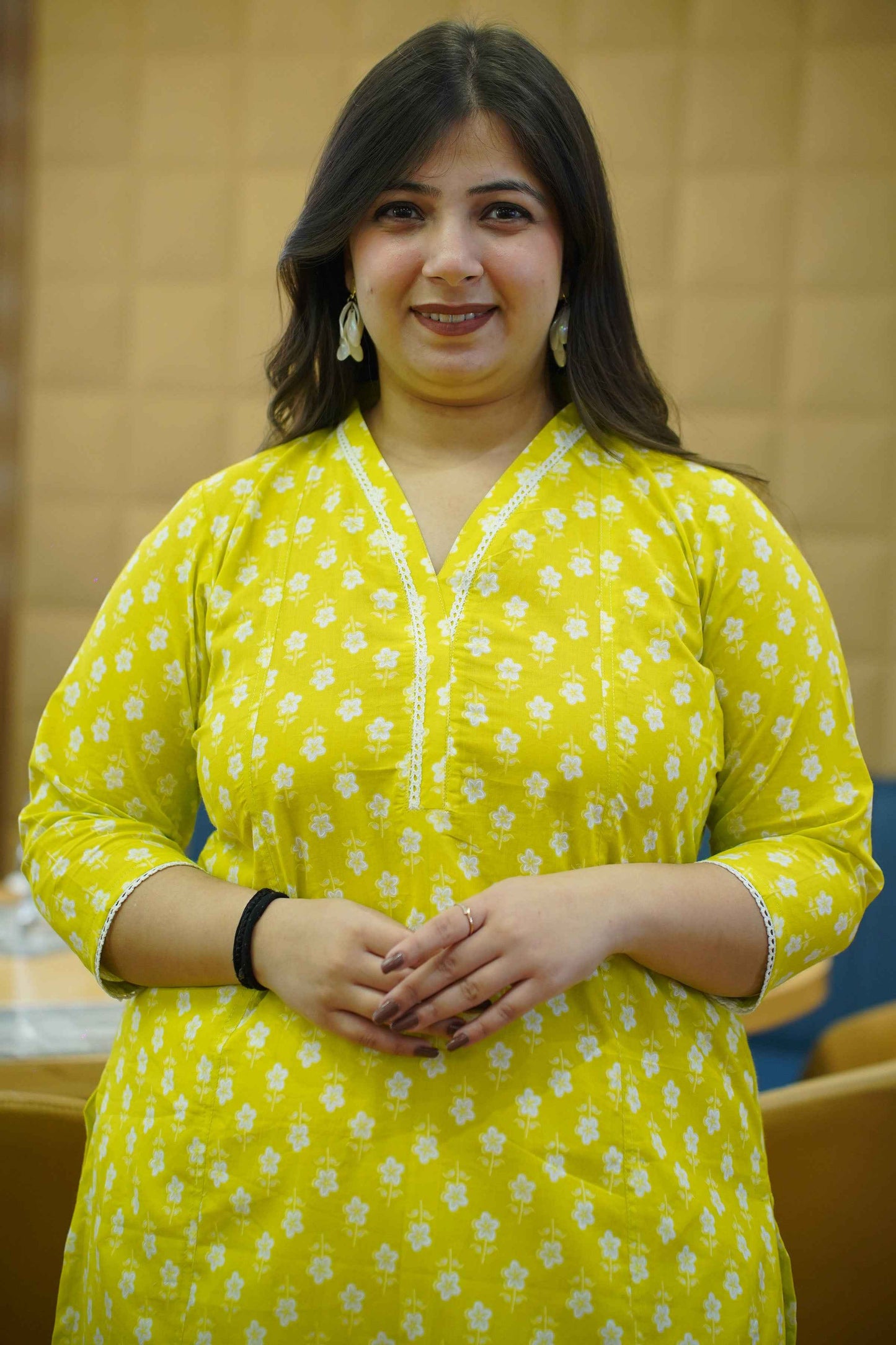 Lime Glow Block Cotton Kali Kurta