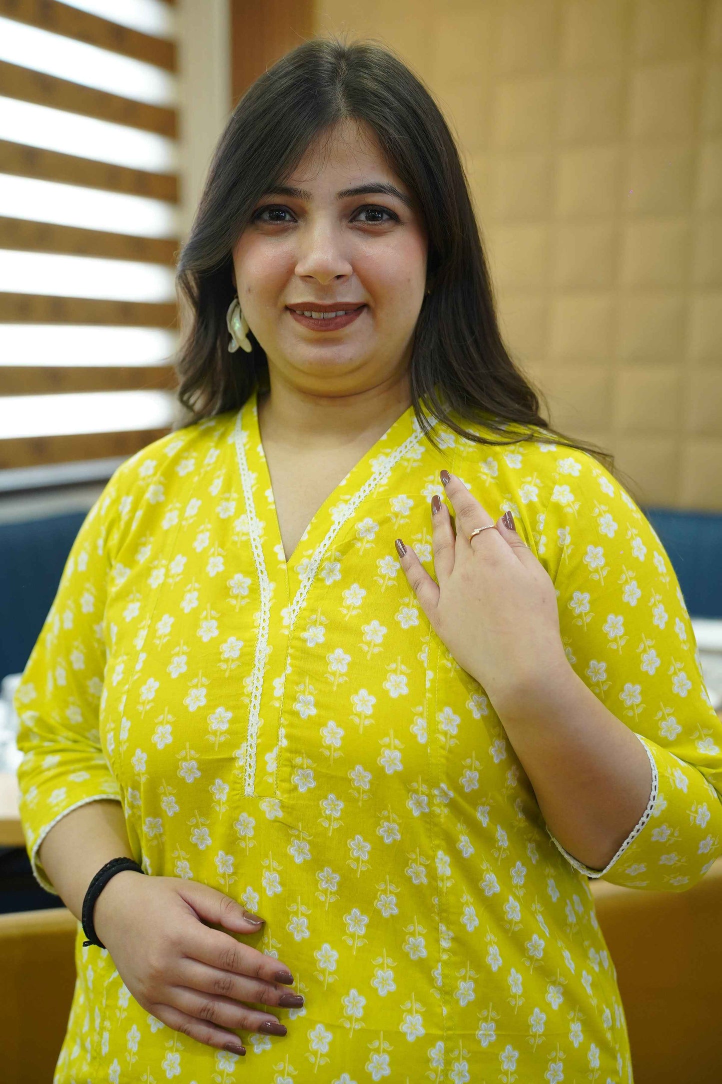 Lime Glow Block Cotton Kali Kurta