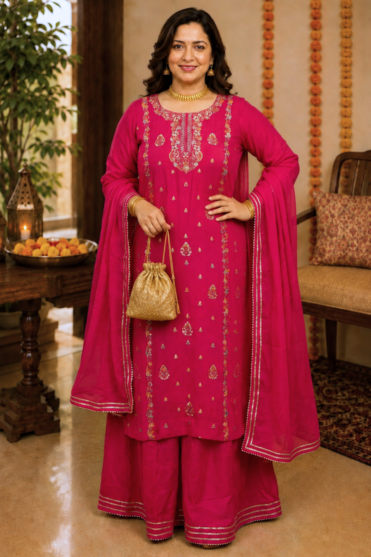 Flaming Magenta Fancy Skirt Suit