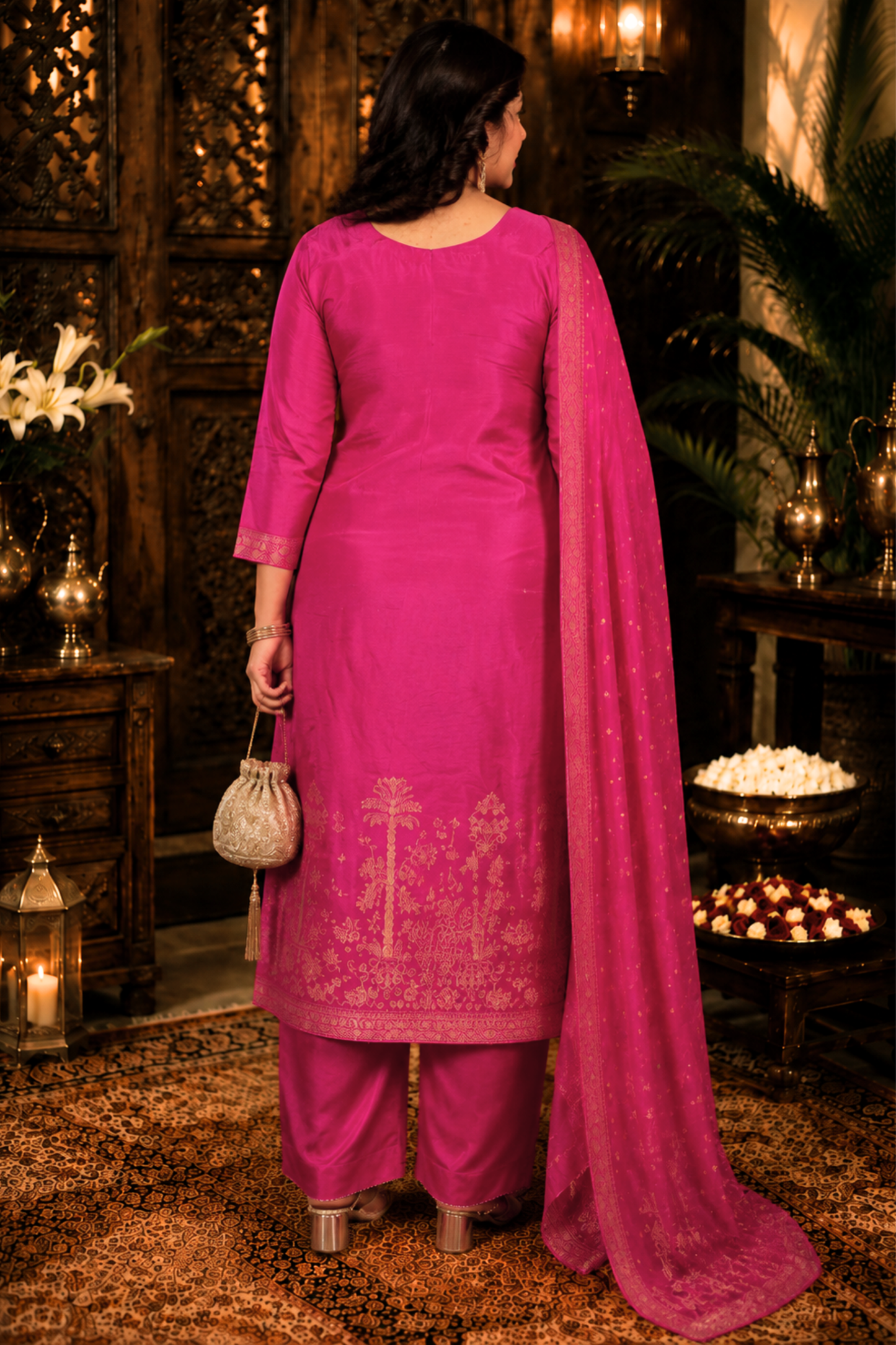 Raavia Magenta Silk Suit With Jacquard Weave