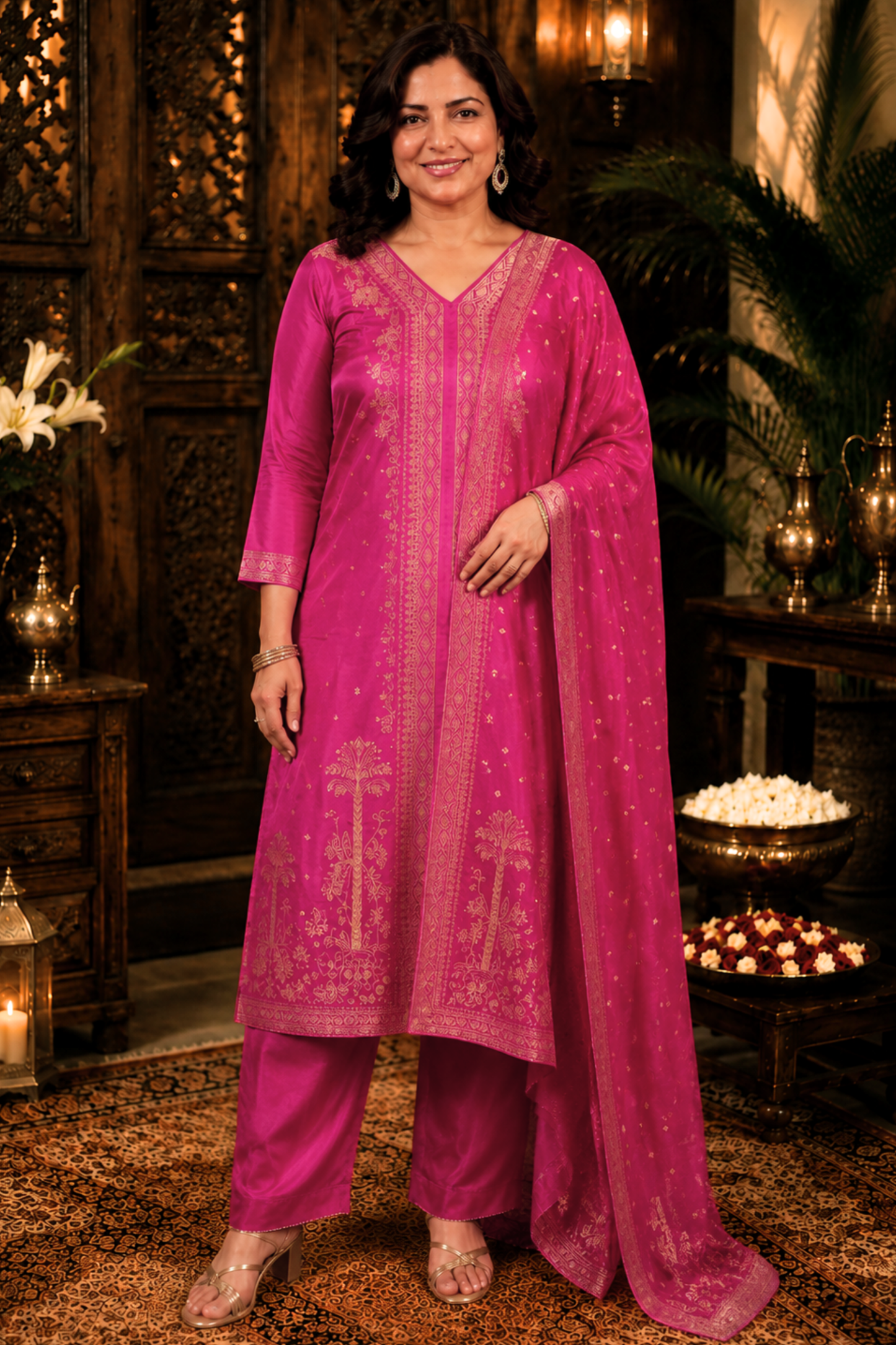 Raavia Magenta Silk Suit With Jacquard Weave