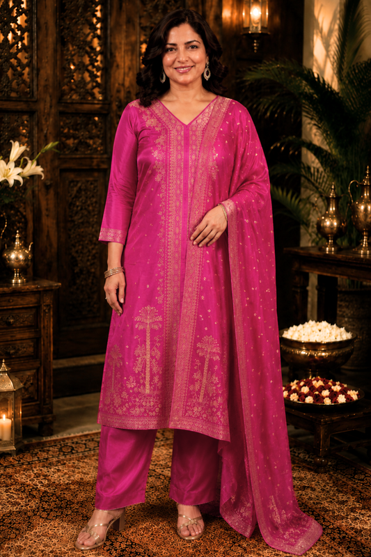 Raavia Magenta Silk Suit With Jacquard Weave