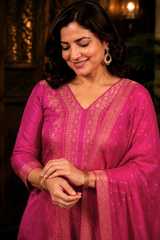 Raavia Magenta Silk Suit With Jacquard Weave
