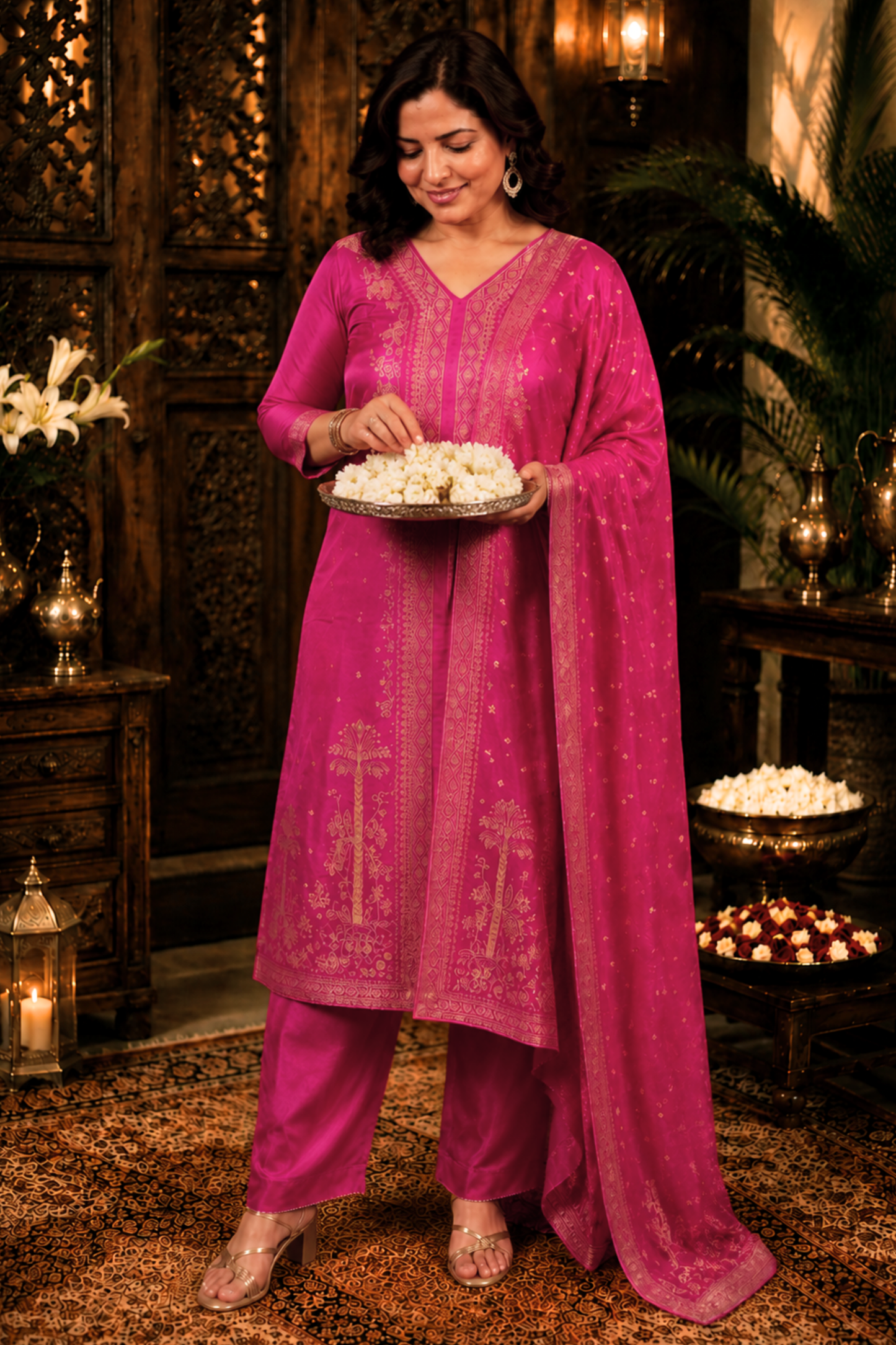 Raavia Magenta Silk Suit With Jacquard Weave