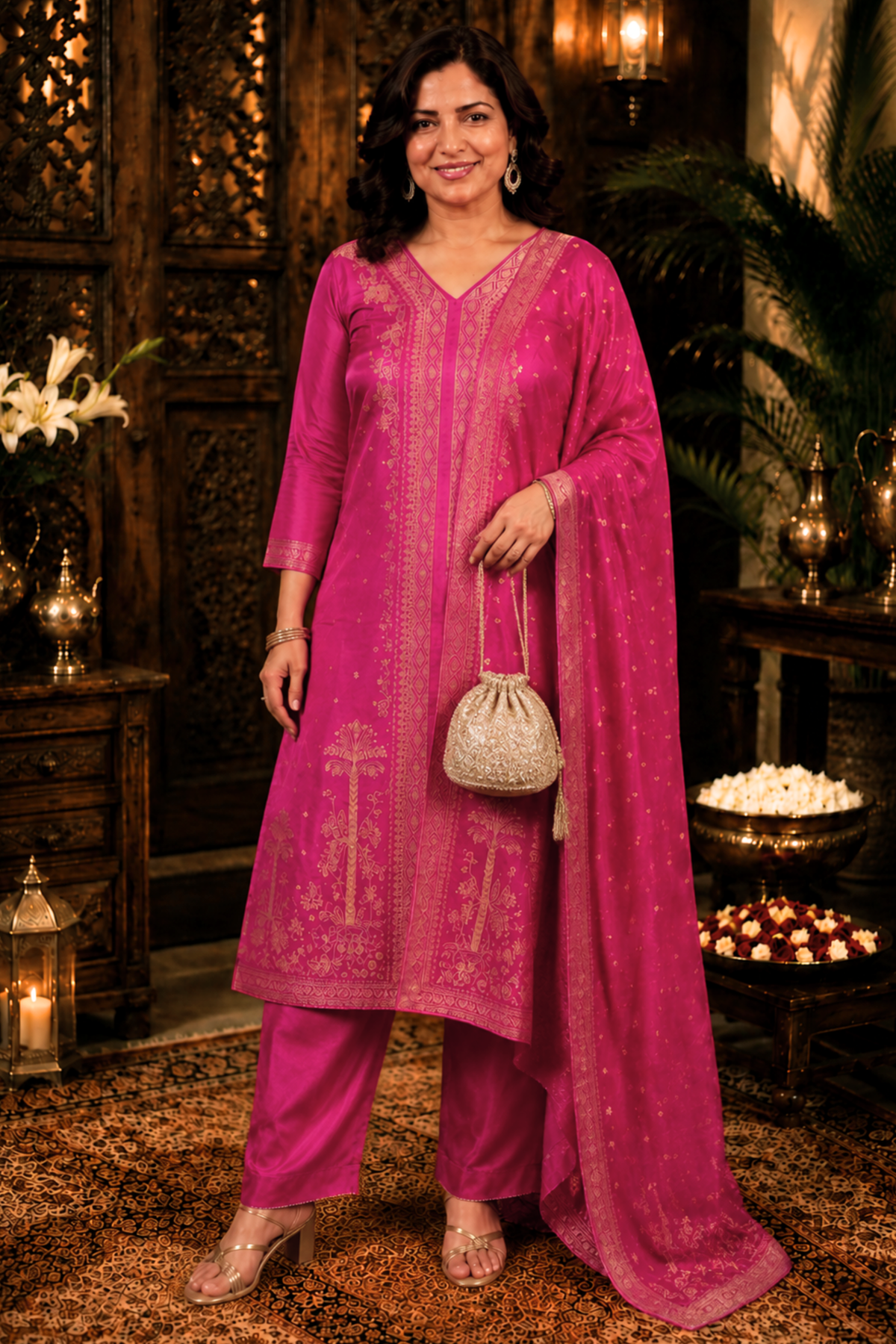 Raavia Magenta Silk Suit With Jacquard Weave