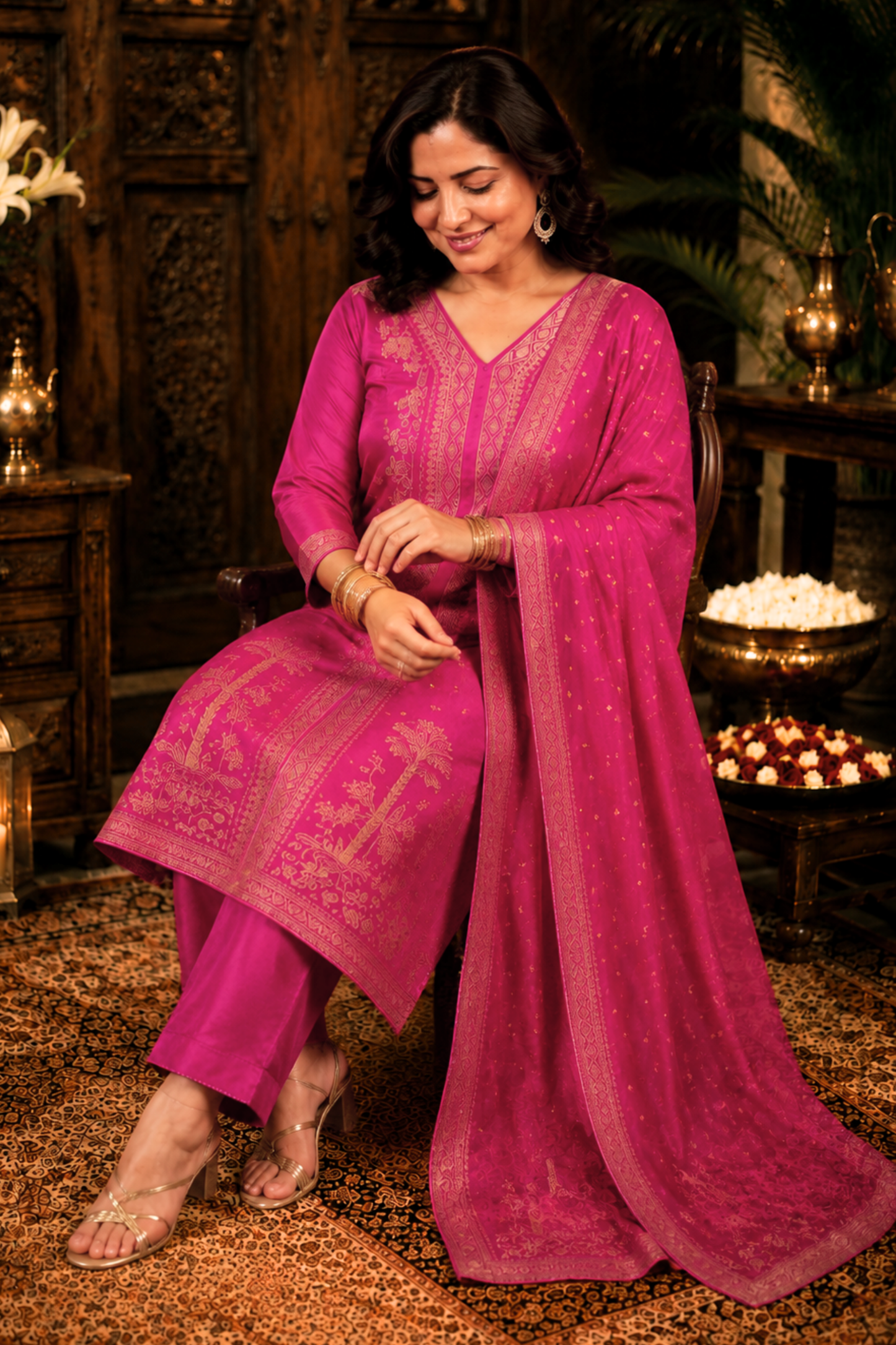 Raavia Magenta Silk Suit With Jacquard Weave