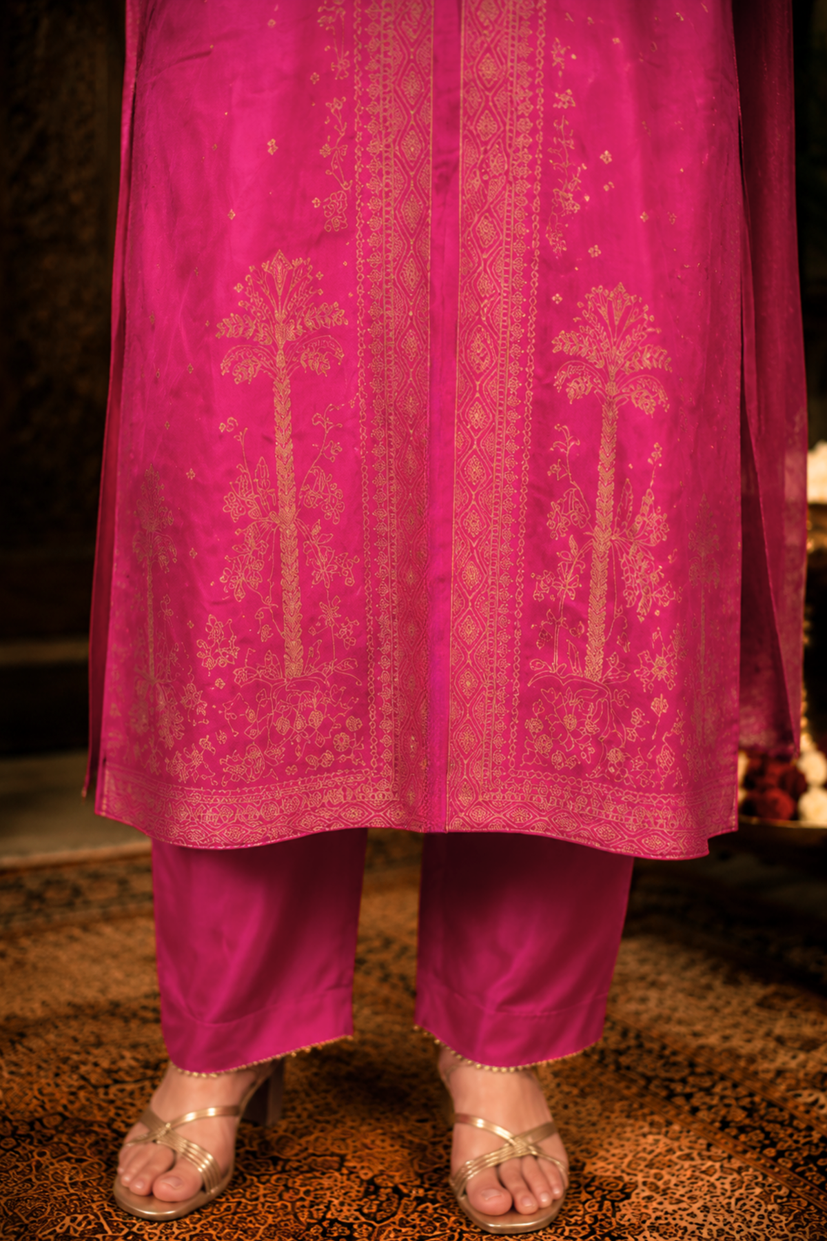 Raavia Magenta Silk Suit With Jacquard Weave