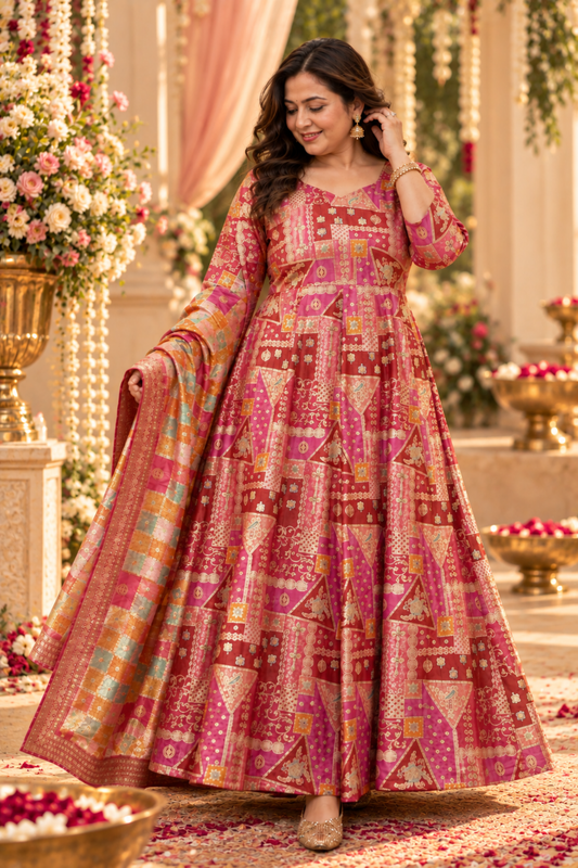 Vasudha Rose Silk Dress with Jacquard Weave