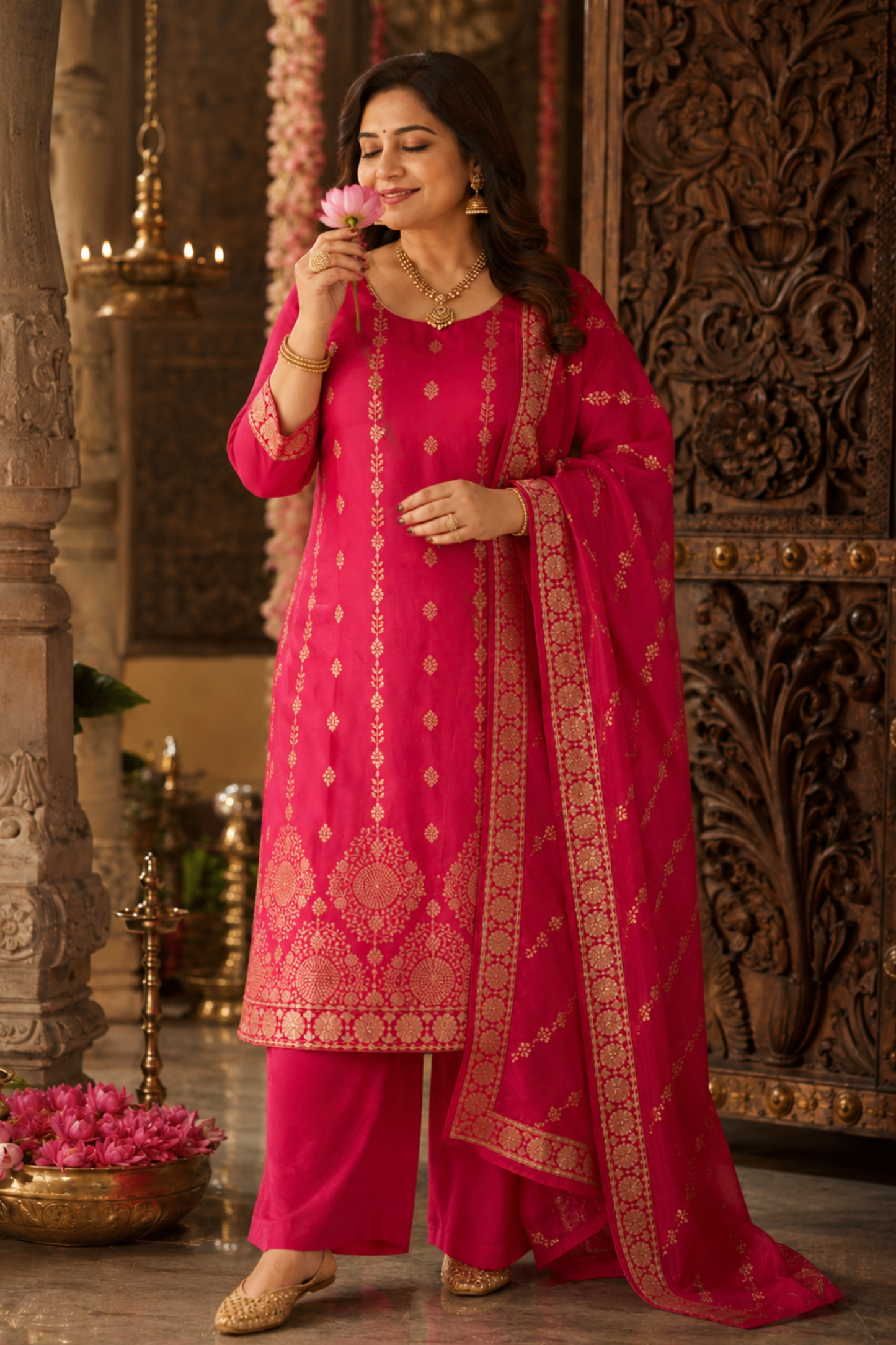 Varnika Pink Jacquard Silk Suit