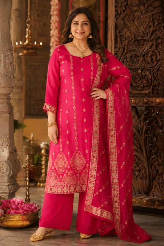 Varnika Pink Jacquard Silk Suit