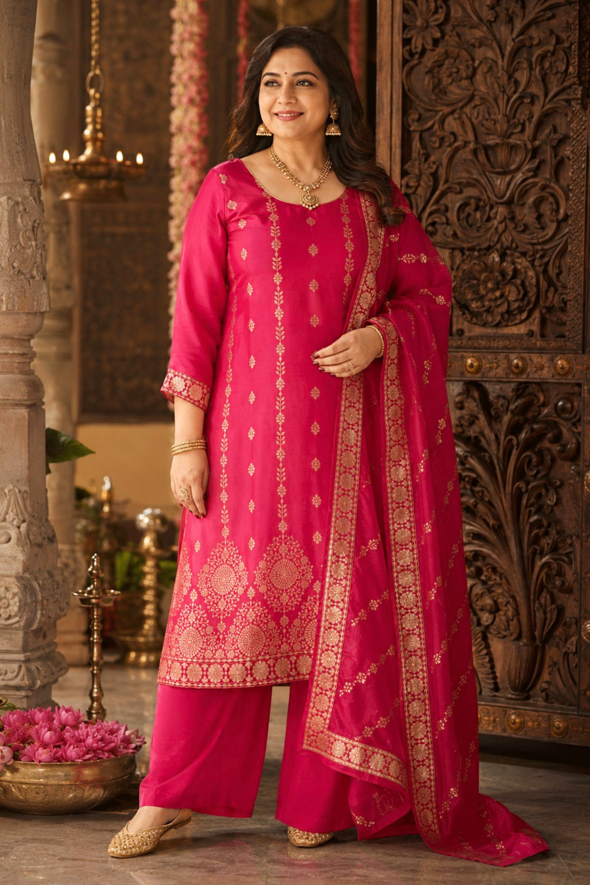 Varnika Pink Jacquard Silk Suit