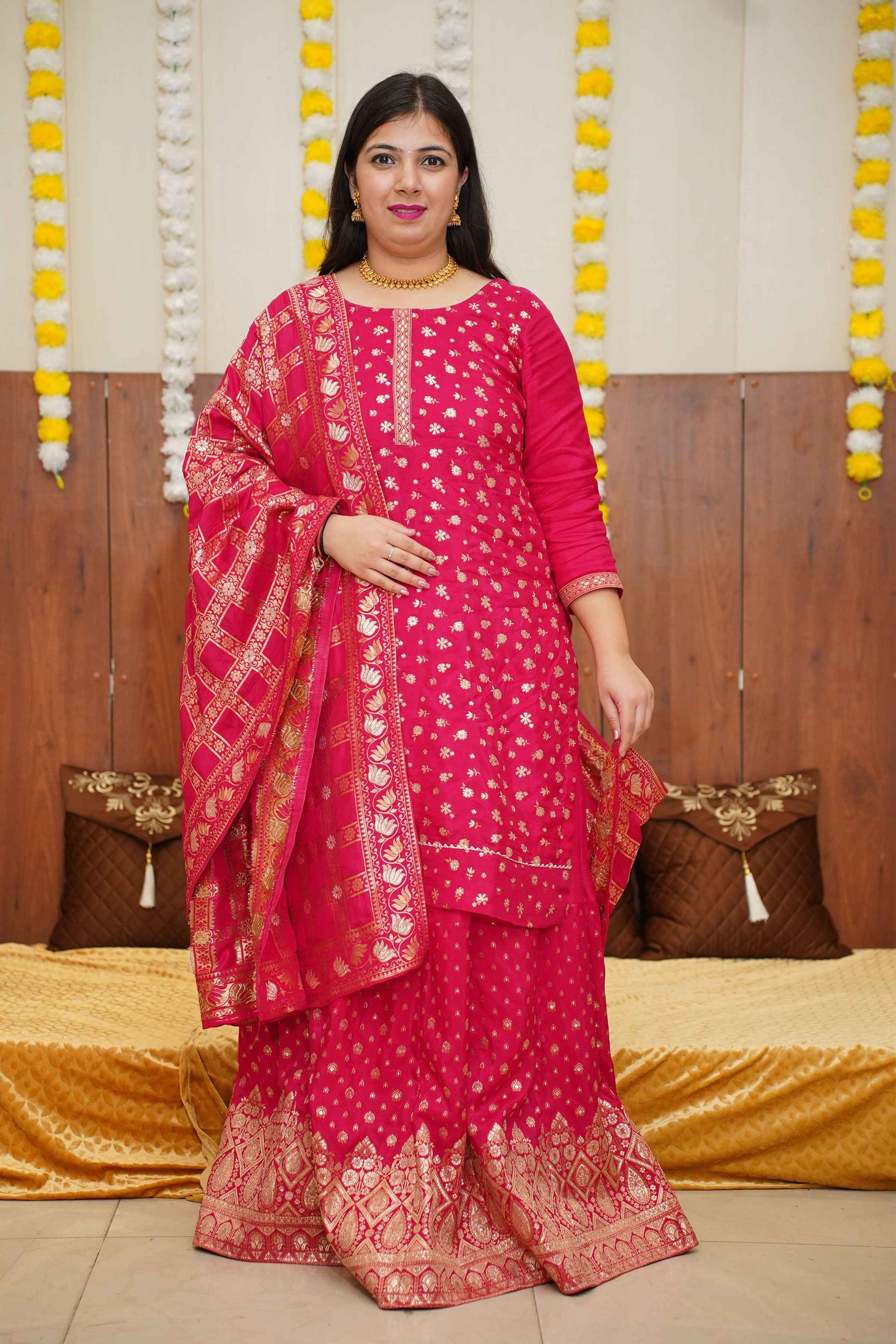 Amaranth Pink Jacquard Skirt Suit