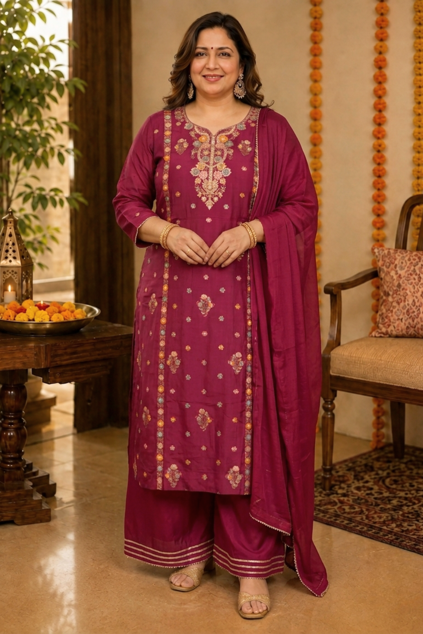 Gulnaar Scarlet Chinon Sharara Suit