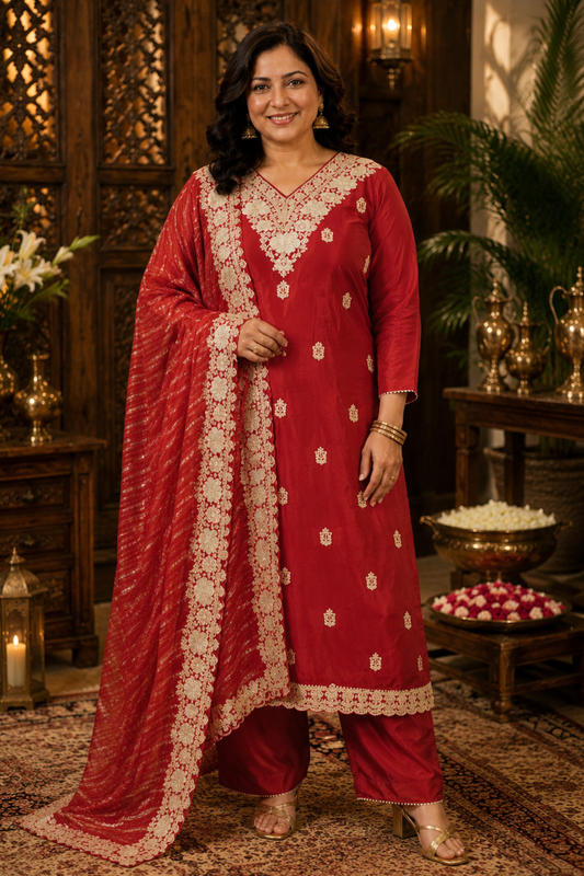 Aarisha Red Suit Set With Zari Embroidery