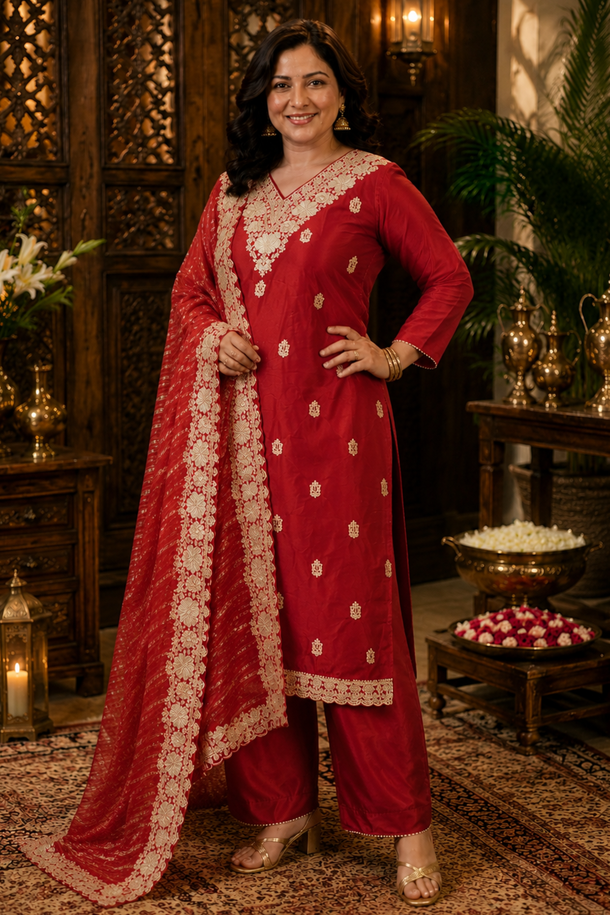 Aarisha Red Suit Set With Zari Embroidery