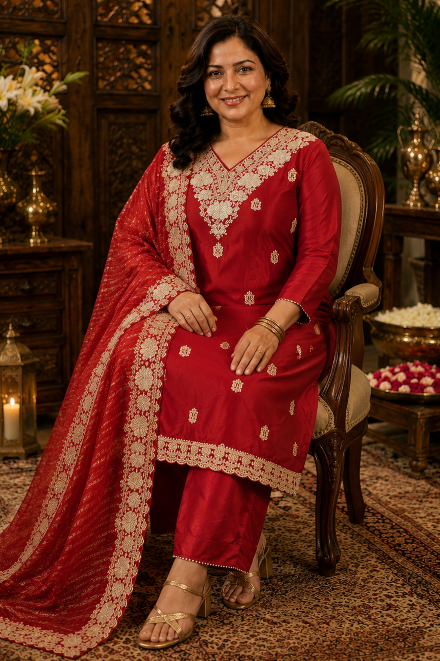 Aarisha Red Suit Set With Zari Embroidery