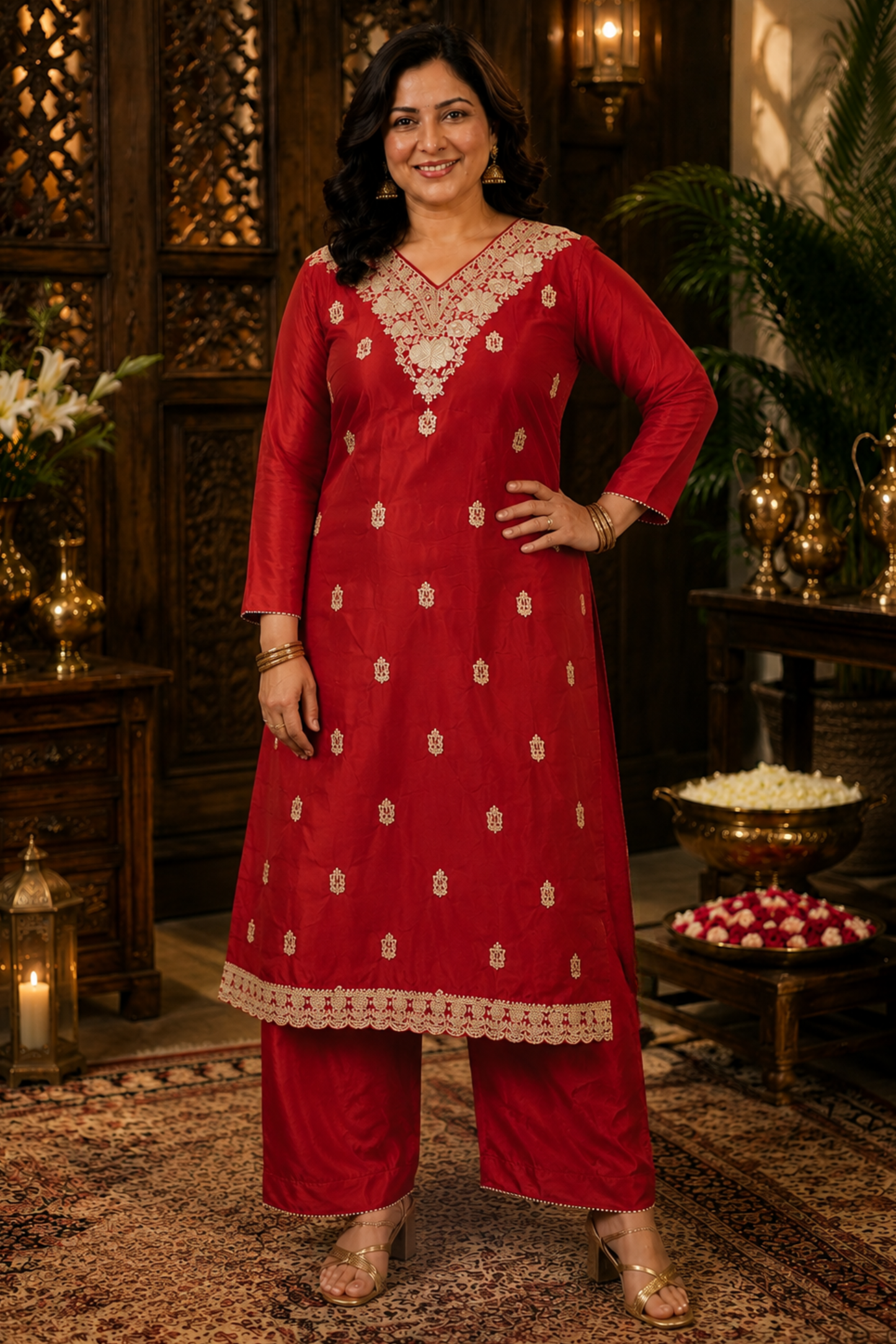 Aarisha Red Suit Set With Zari Embroidery