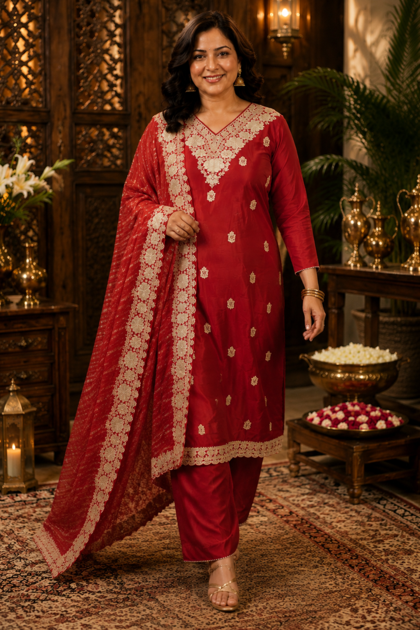 Aarisha Red Suit Set With Zari Embroidery