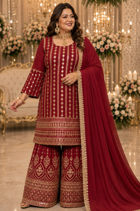 Maroon Merlot Embroidered Georgette Suit