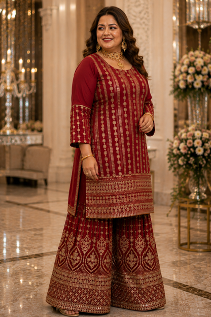 Maroon Merlot Embroidered Georgette Suit