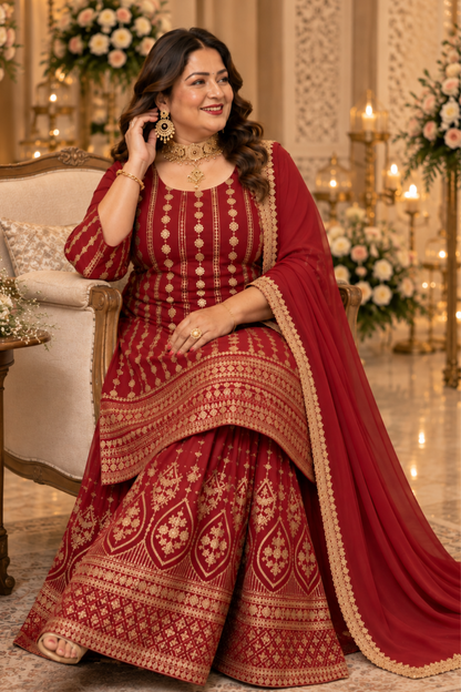 Maroon Merlot Embroidered Georgette Suit
