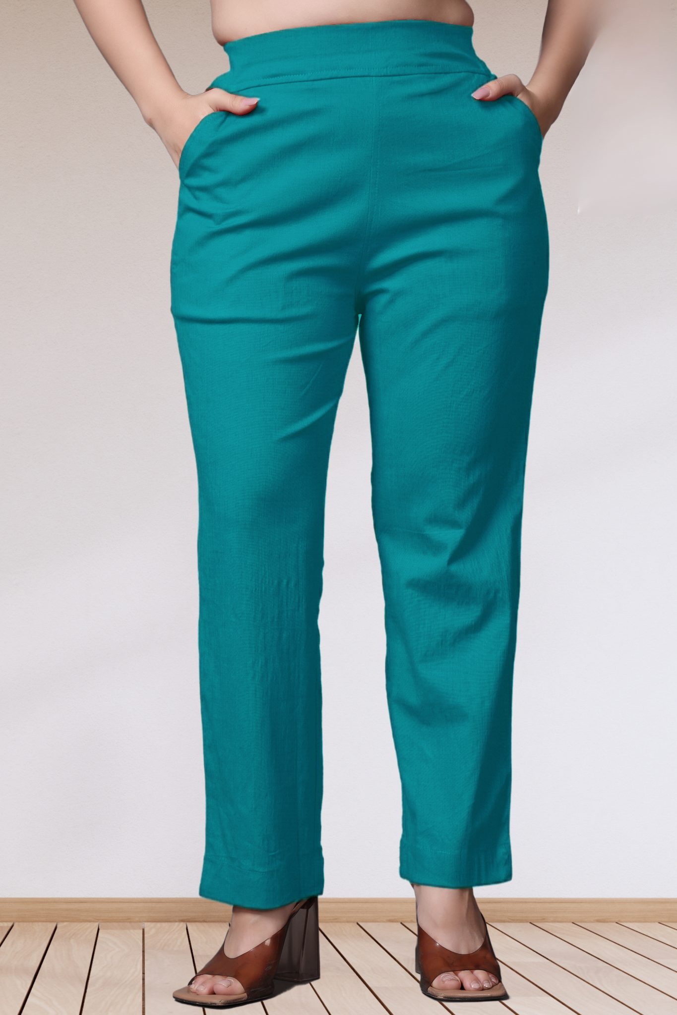 Firozi Lycra Slub Pants