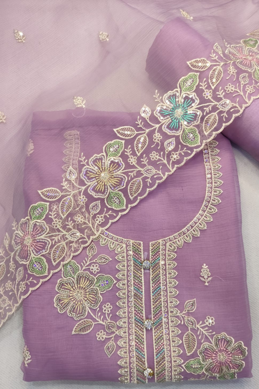 Mauve Crushed Organza Suit with Handwork