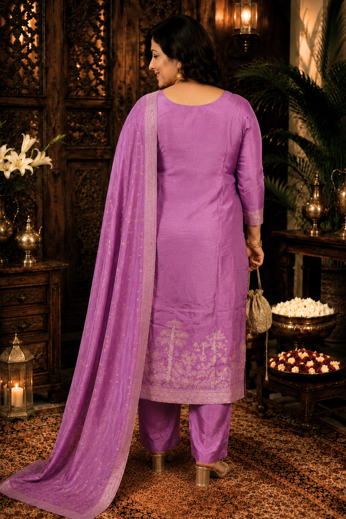 Raavia Mauve Silk Suit With Jacquard Weave