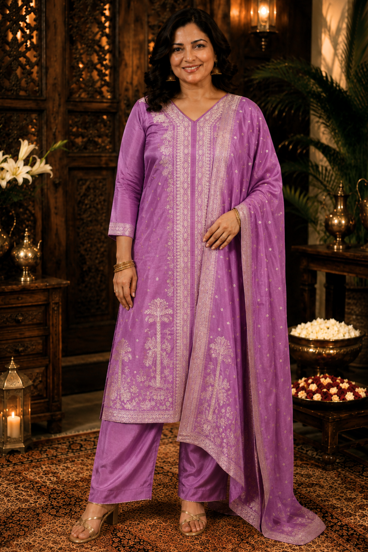 Raavia Mauve Silk Suit With Jacquard Weave