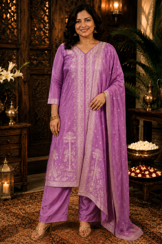 Raavia Mauve Silk Suit With Jacquard Weave