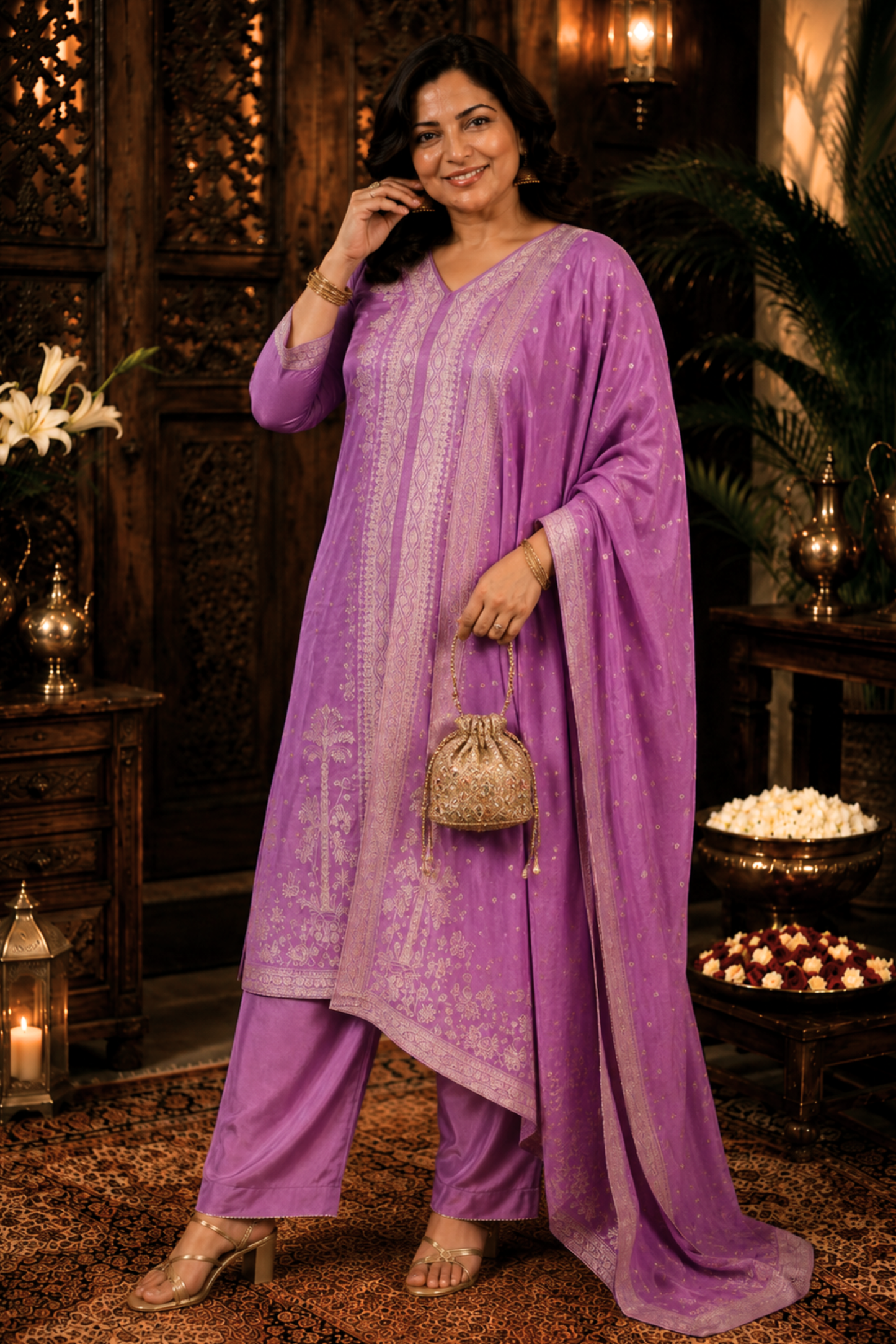Raavia Mauve Silk Suit With Jacquard Weave