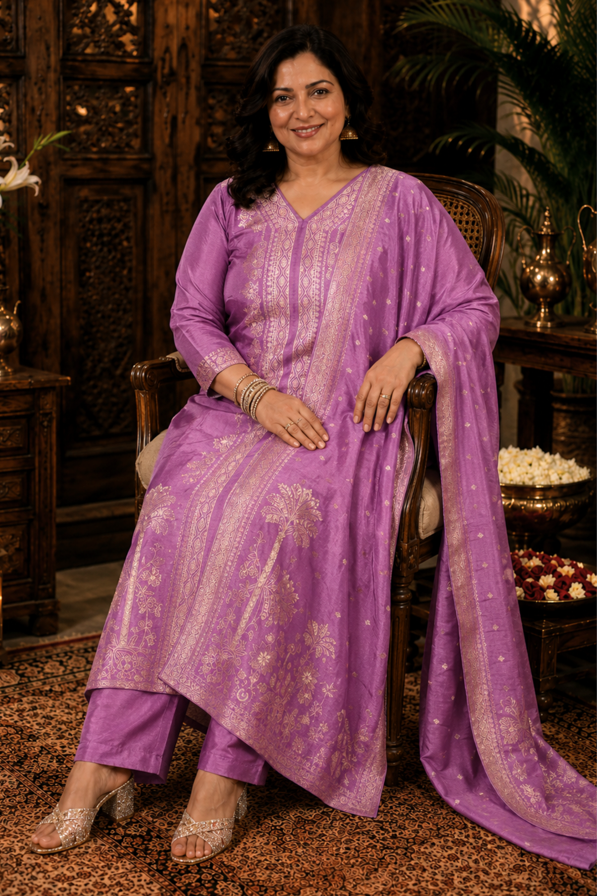 Raavia Mauve Silk Suit With Jacquard Weave
