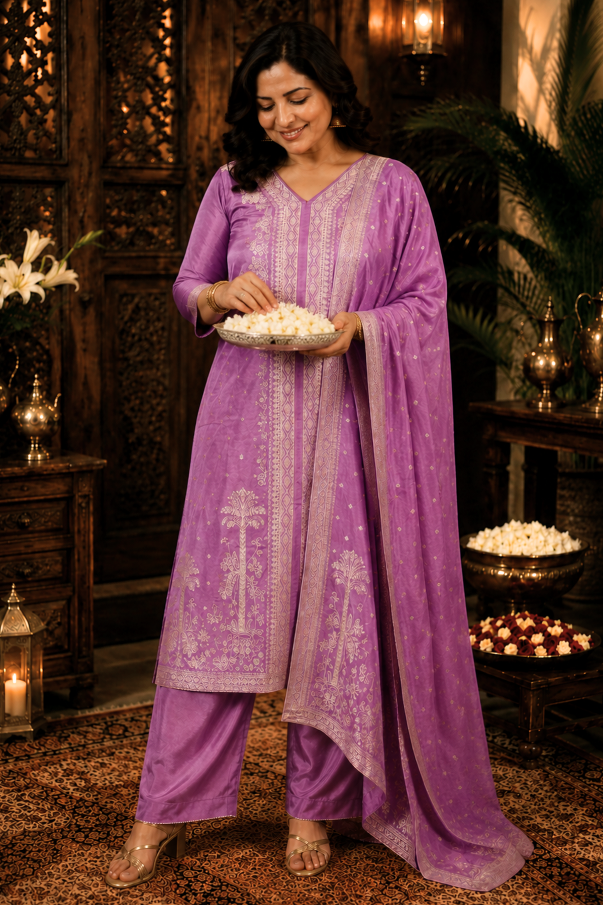 Raavia Mauve Silk Suit With Jacquard Weave