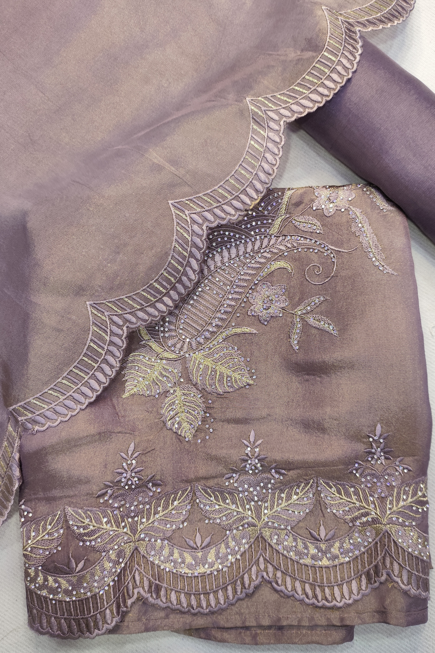 Mauve Shimmer Silk Suit With Swarovski Work