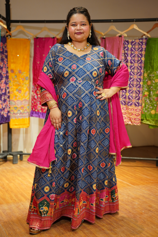 Meghna Blue Silk Dress with Jacquard Weave