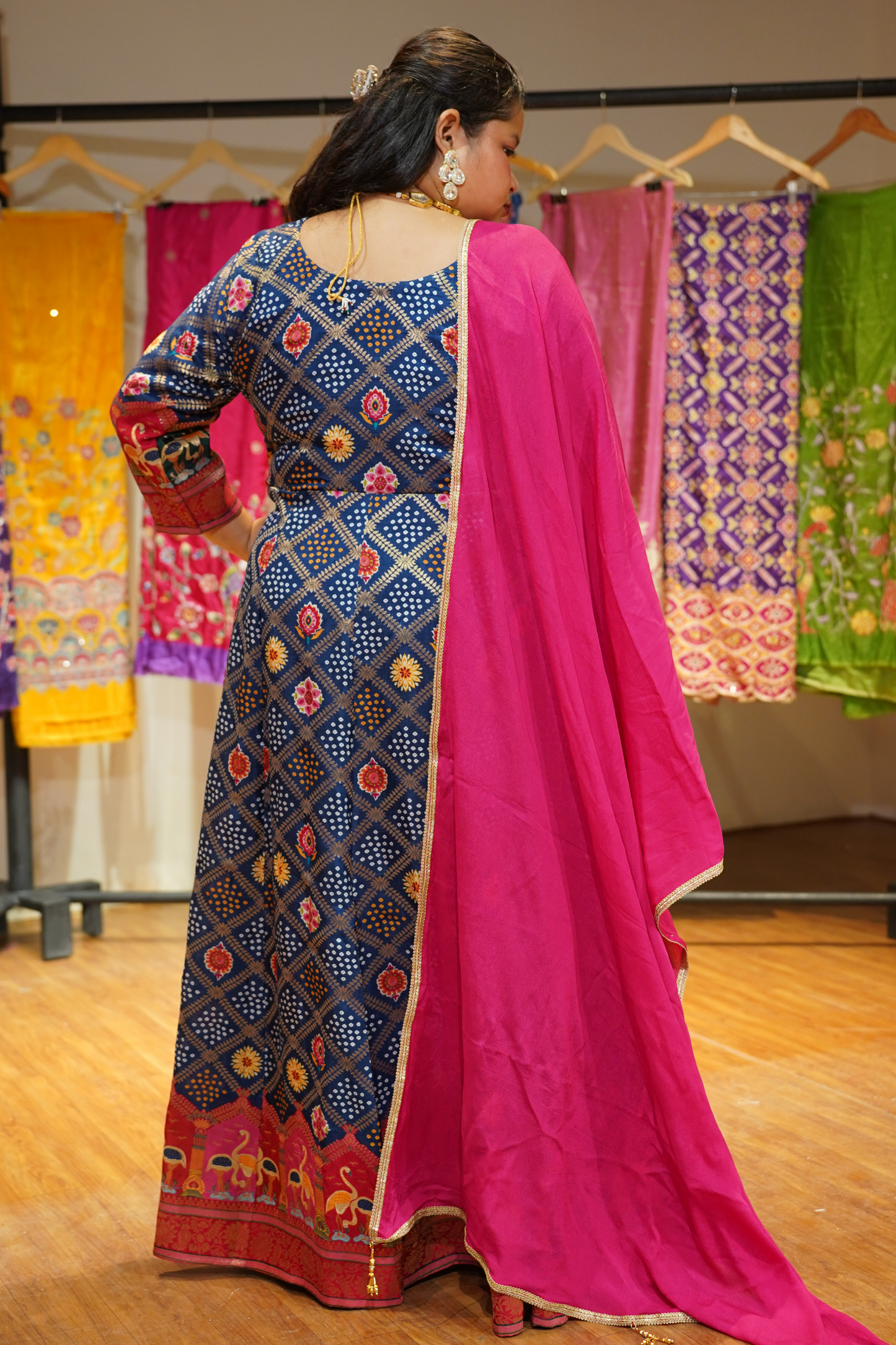 Meghna Blue Silk Dress with Jacquard Weave